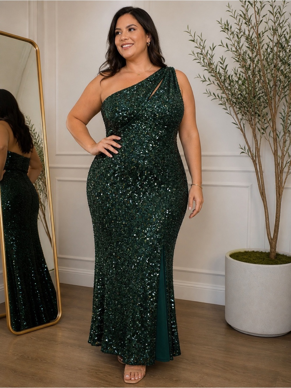 NovaLuxe Dark Emerald Green One-Shoulder Sequin Gown (Not Size tag)